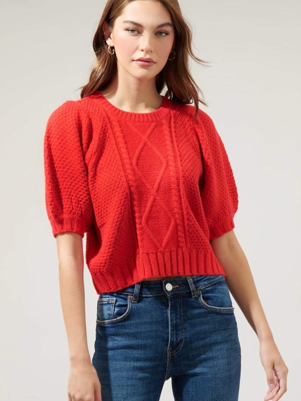 GAP Women’s Red Cable Knit Puff Sleeve Sweater